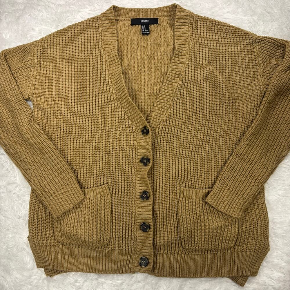 Chunky Ribbed Knit Cardigan Button Front Pocket Slouchy Earthy Camel M